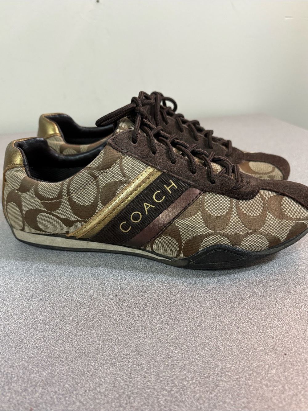 Coach Brown Monogram Logo Lace-Up Sneakers with Gold Trim